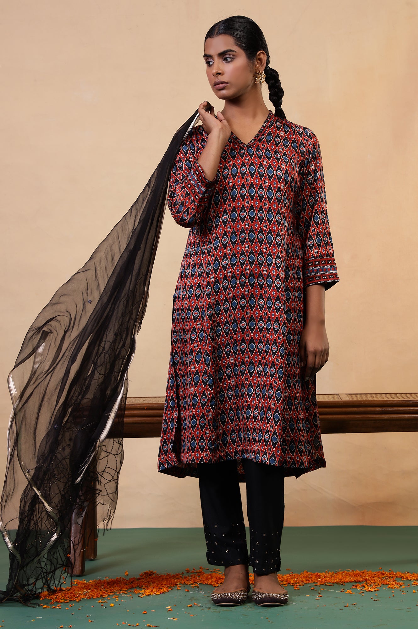 Folksong Red Clay Aztec Sequin Embellished Viscose A-Line Ajrakh Kurta