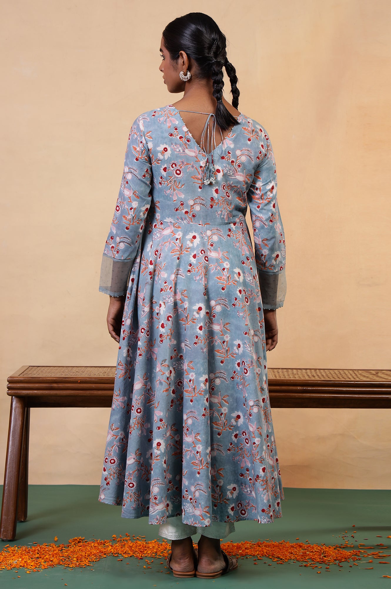 Folksong Cameo Blue Cotton Flared Floral Hand Block Printed Anarkali