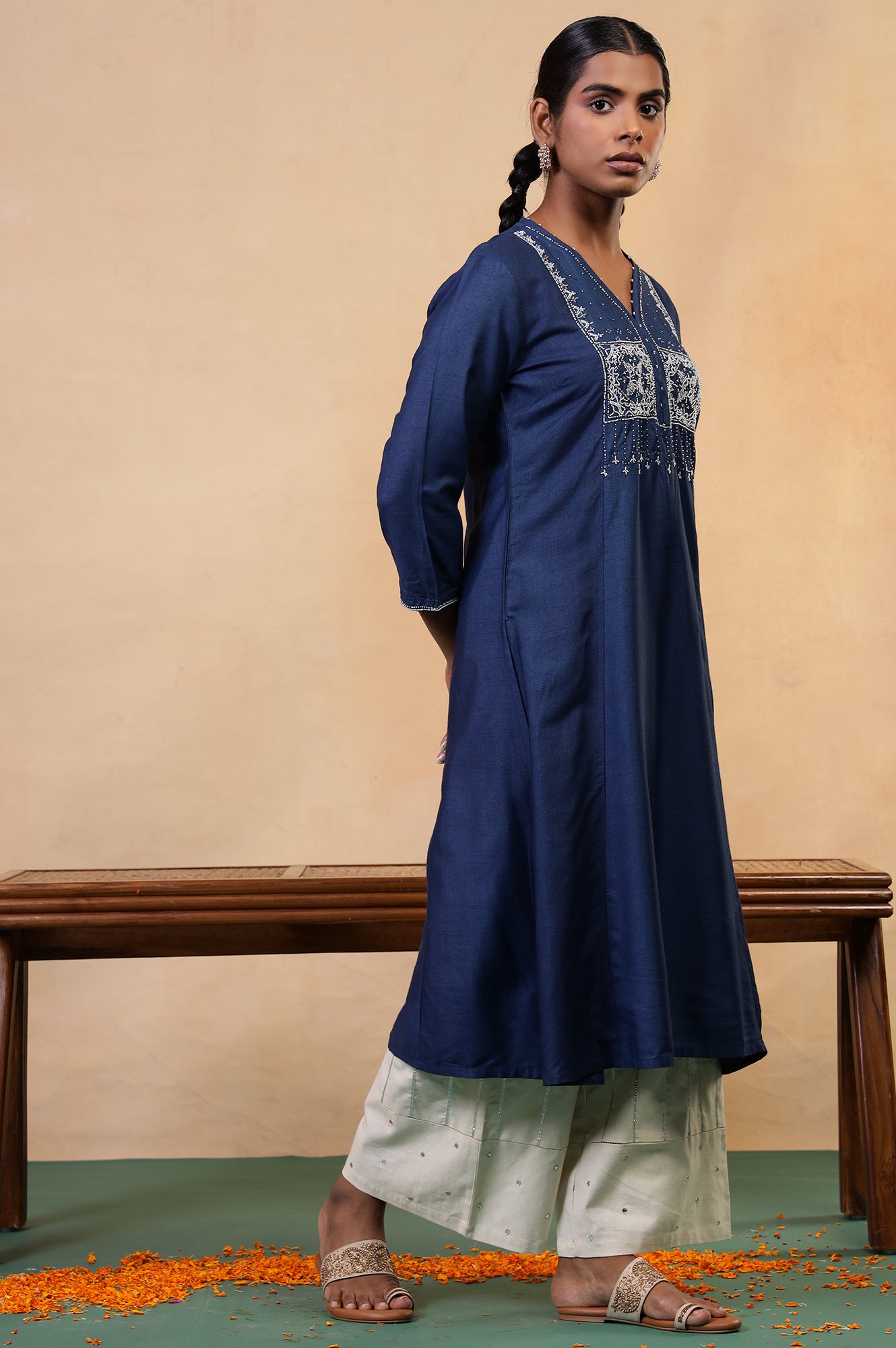 Folksong Classic Blue Viscose Blend Flared Beaded Regular Kurta