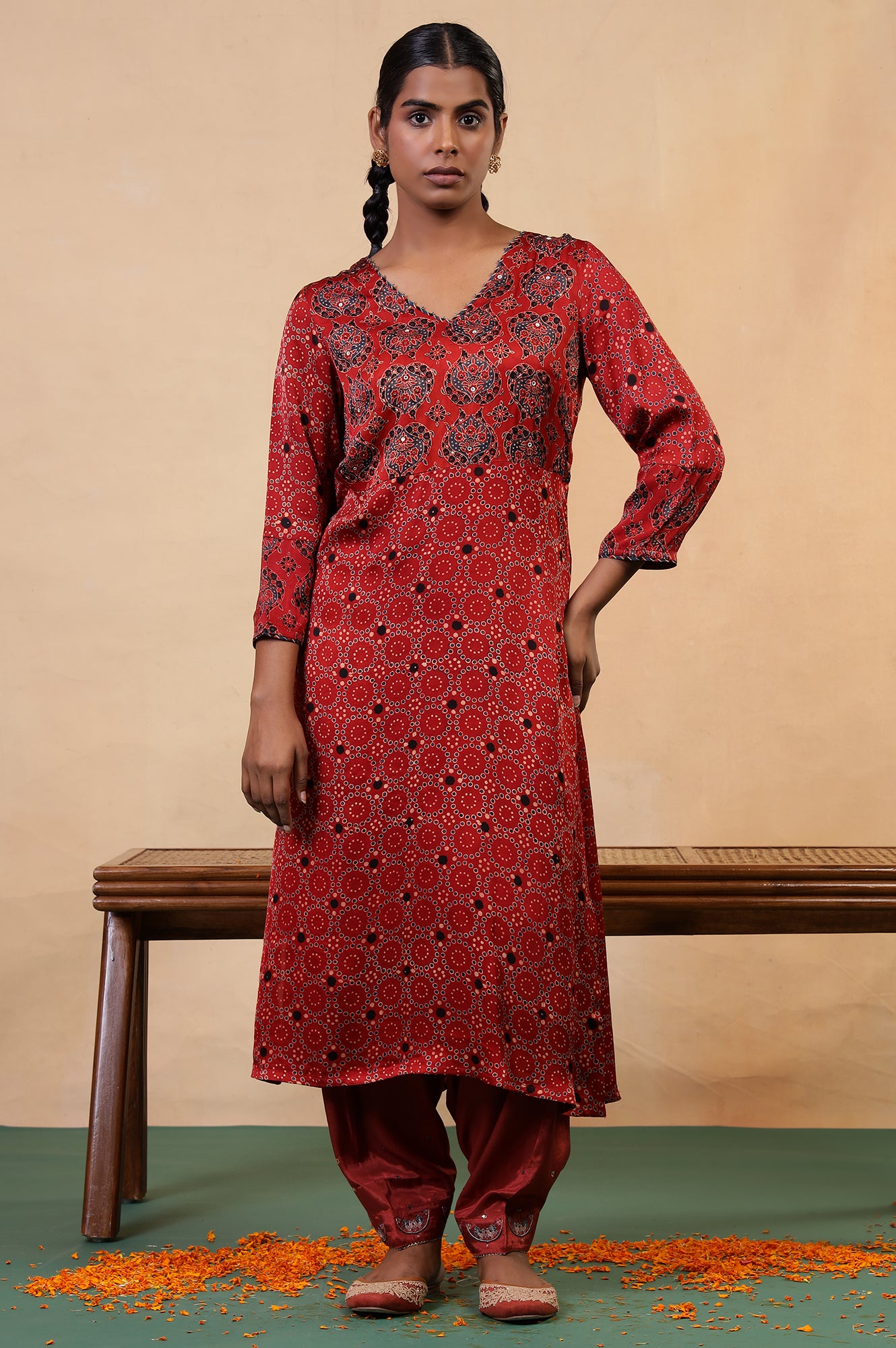Folksong Red Clay Viscose Straight-Fit Ethnic Motif Ajrakh Print Kurta