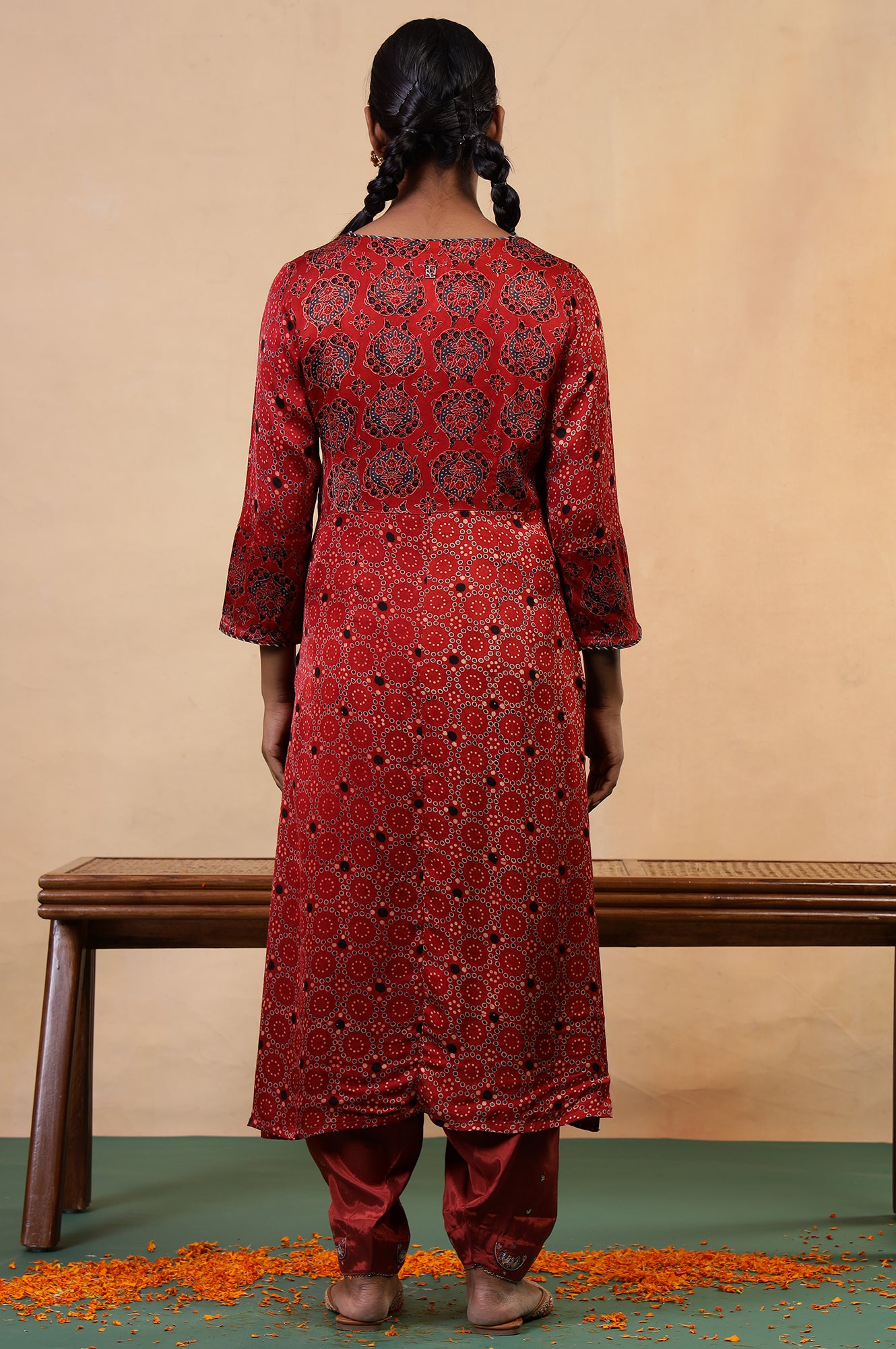 Folksong Red Clay Viscose Straight-Fit Ethnic Motif Ajrakh Print Kurta