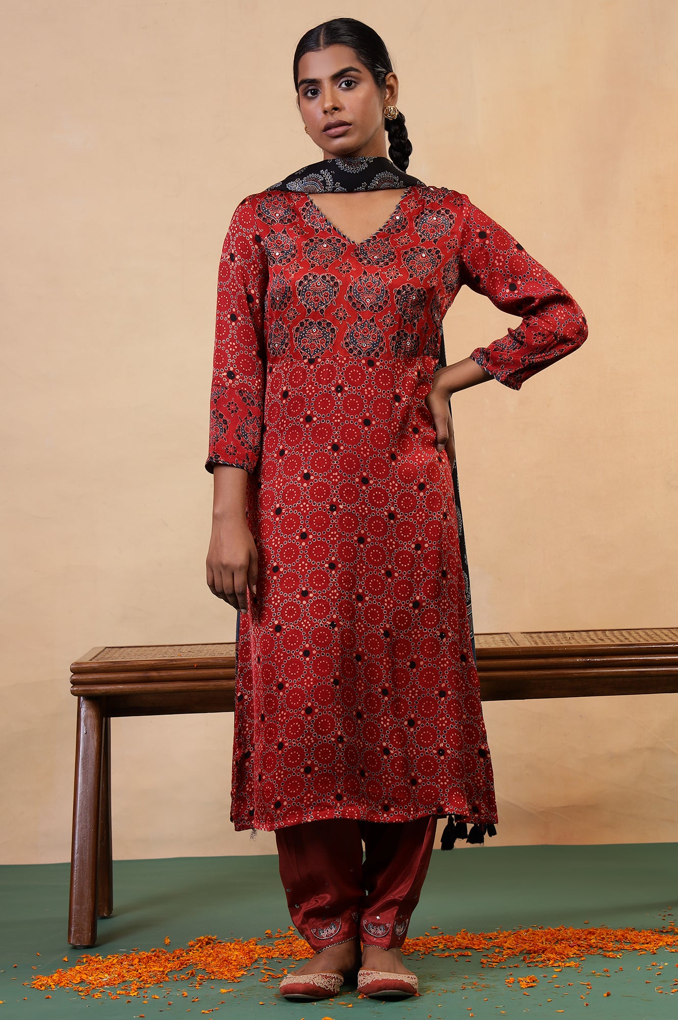 Folksong Red Clay Viscose Straight-Fit Ethnic Motif Ajrakh Print Kurta