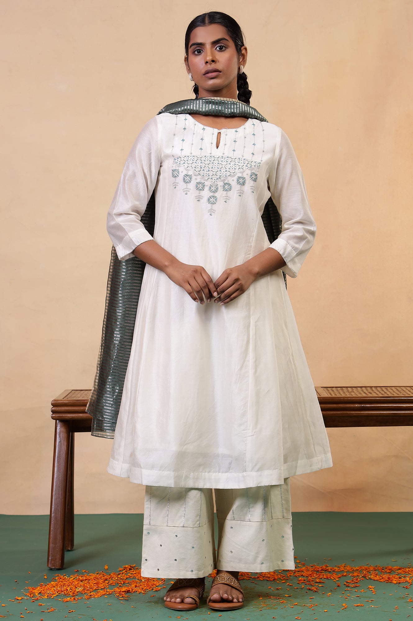 Folksong Off-White Beaded Cotton Silk Blend Flared Anarkali Kurta