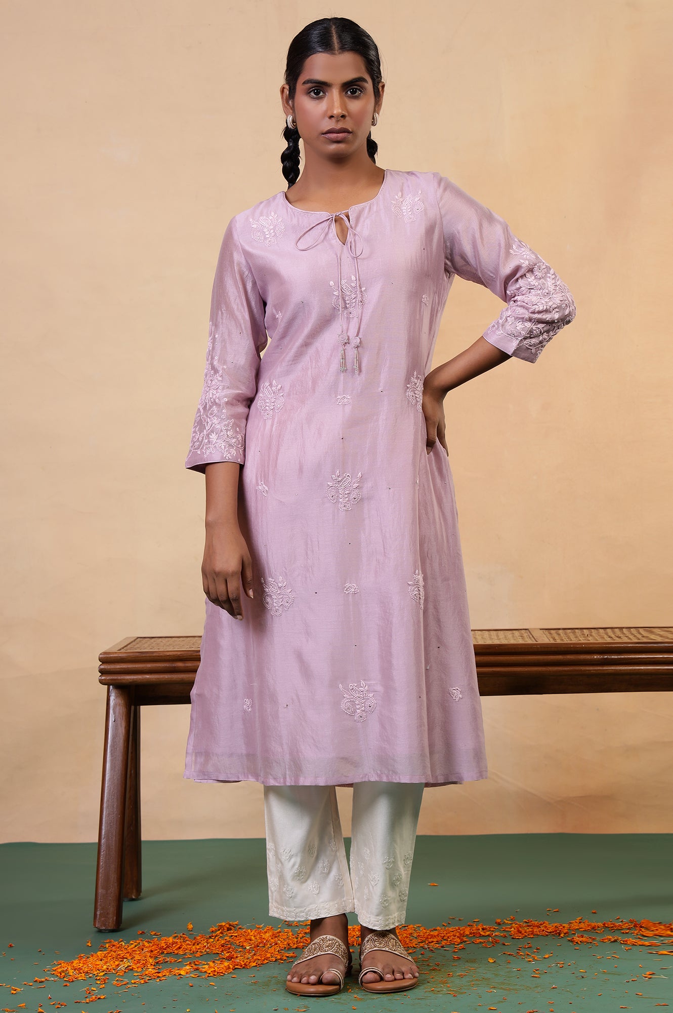 Folksong Lilac Cotton-Silk A-Line Embroidered Chikankari Regular Kurta