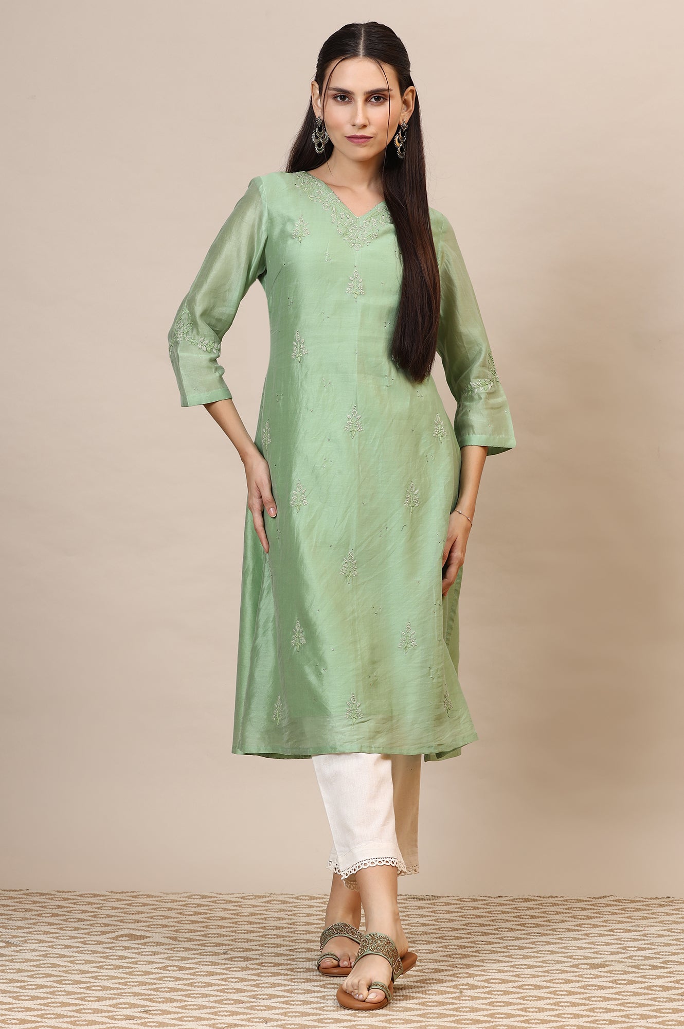 Buy Sage Green Chikankari Kurta In Cotton Silk Online for Woman | WforWoman