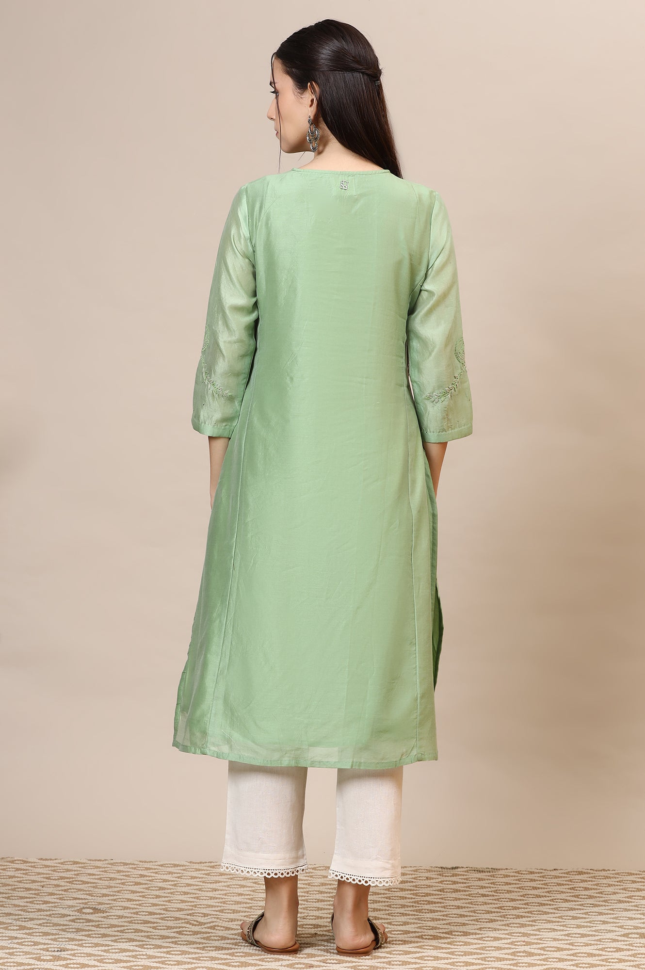 Sage Green Chikankari Kurta In Cotton Silk