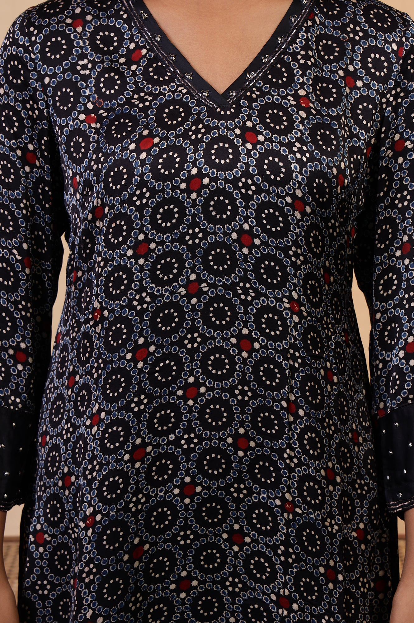 Folksong Black Iron Geometric Sequin Embellished Viscose A-Line Ajrakh Kurta