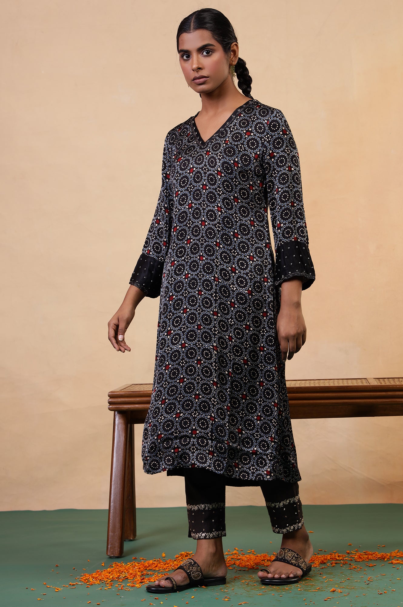 Folksong Black Iron Geometric Sequin Embellished Viscose A-Line Ajrakh Kurta