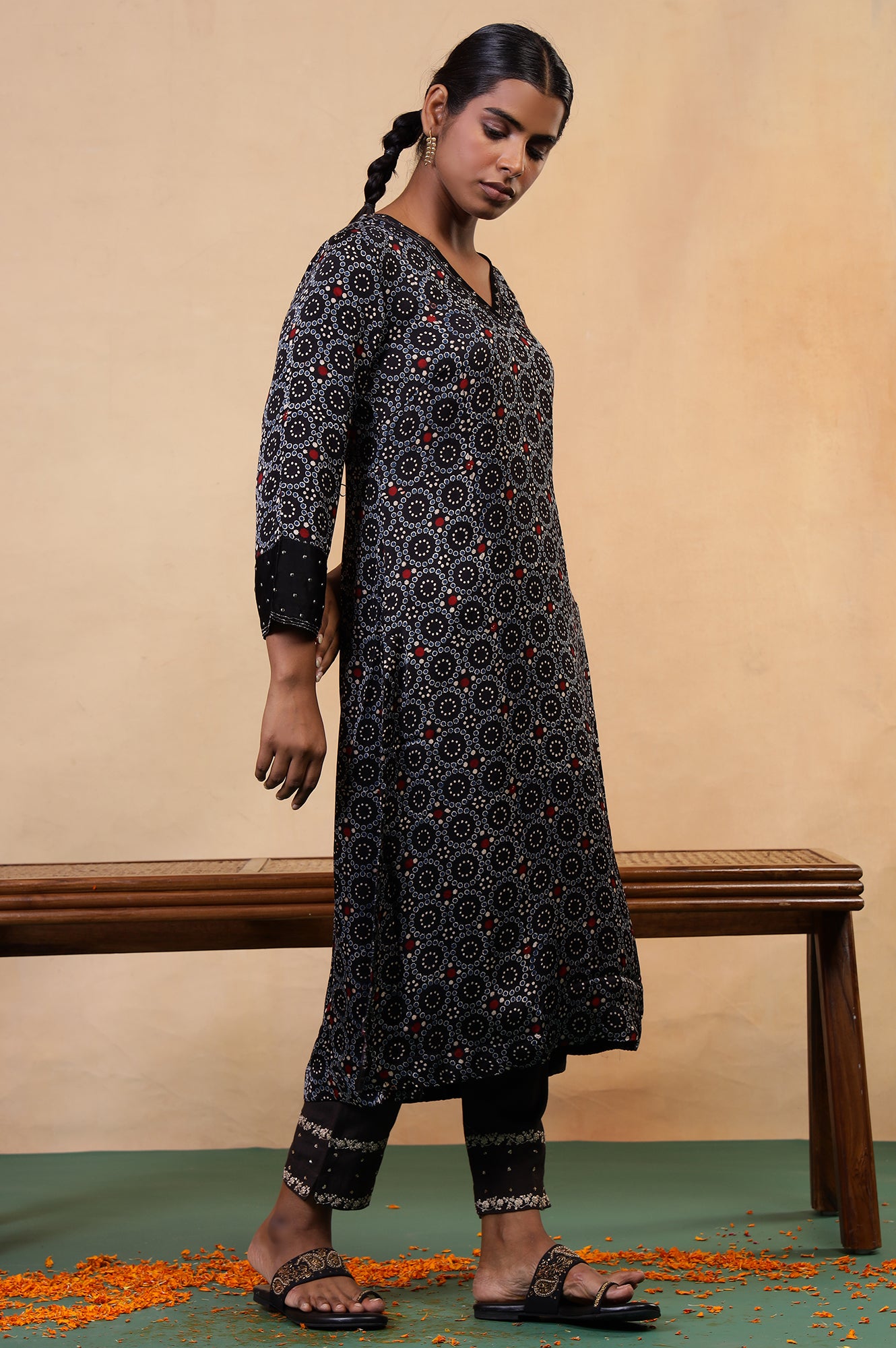 Folksong Black Iron Geometric Sequin Embellished Viscose A-Line Ajrakh Kurta
