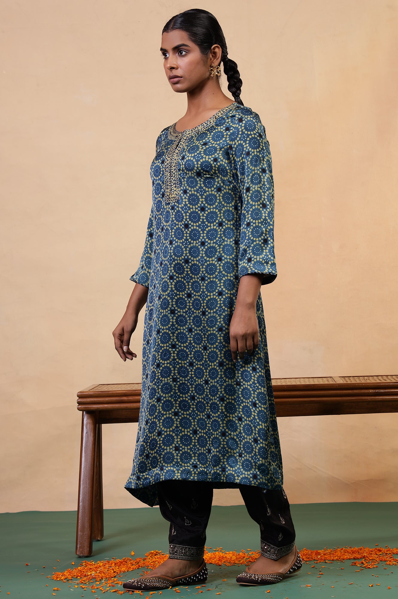 Folksong Indigo Viscose Straight-Fit Geometric Ajrakh Print Kurta