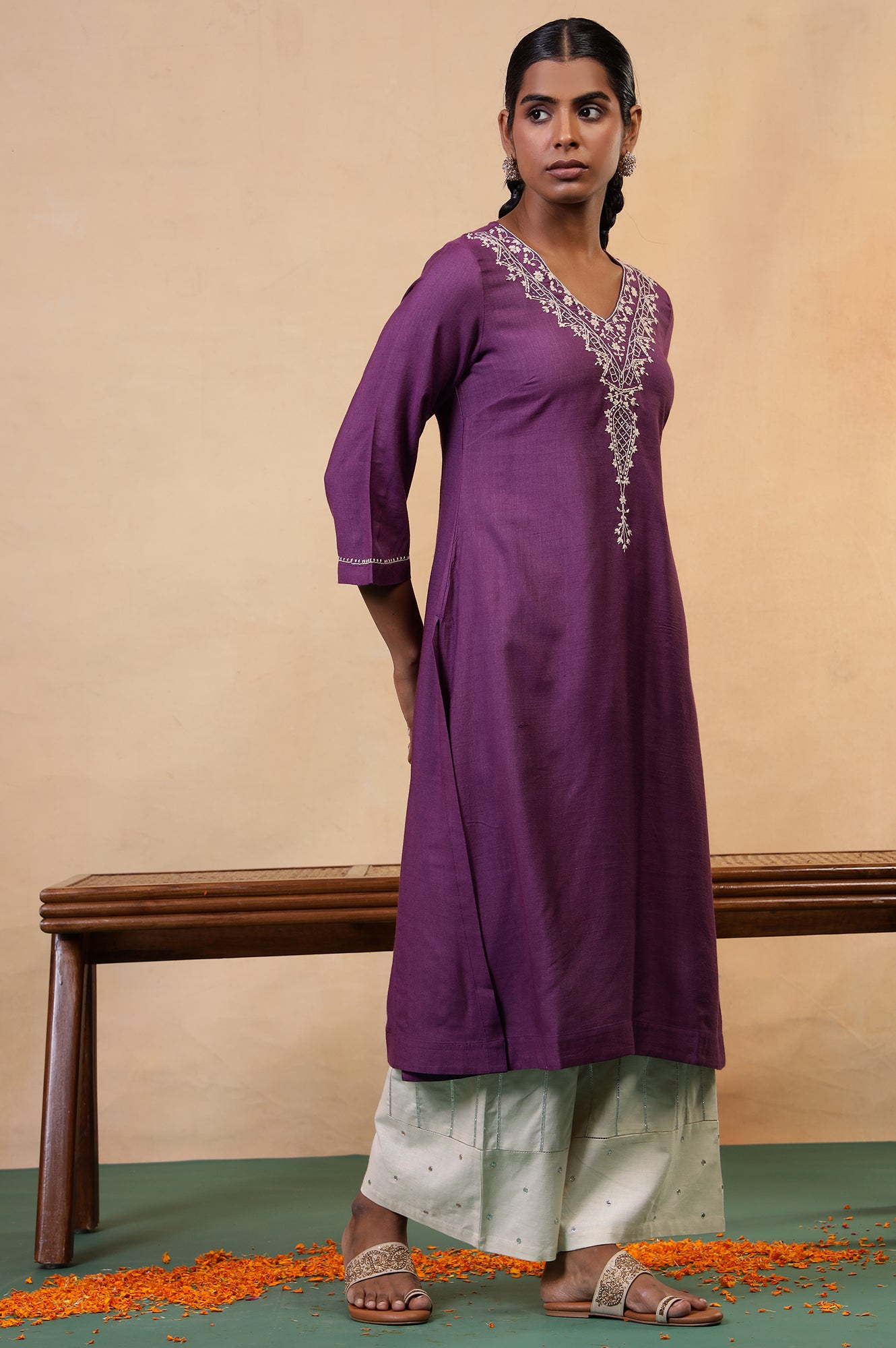 Folksong Prune Chikankari Embroidered Viscose A-Line Regular Kurta