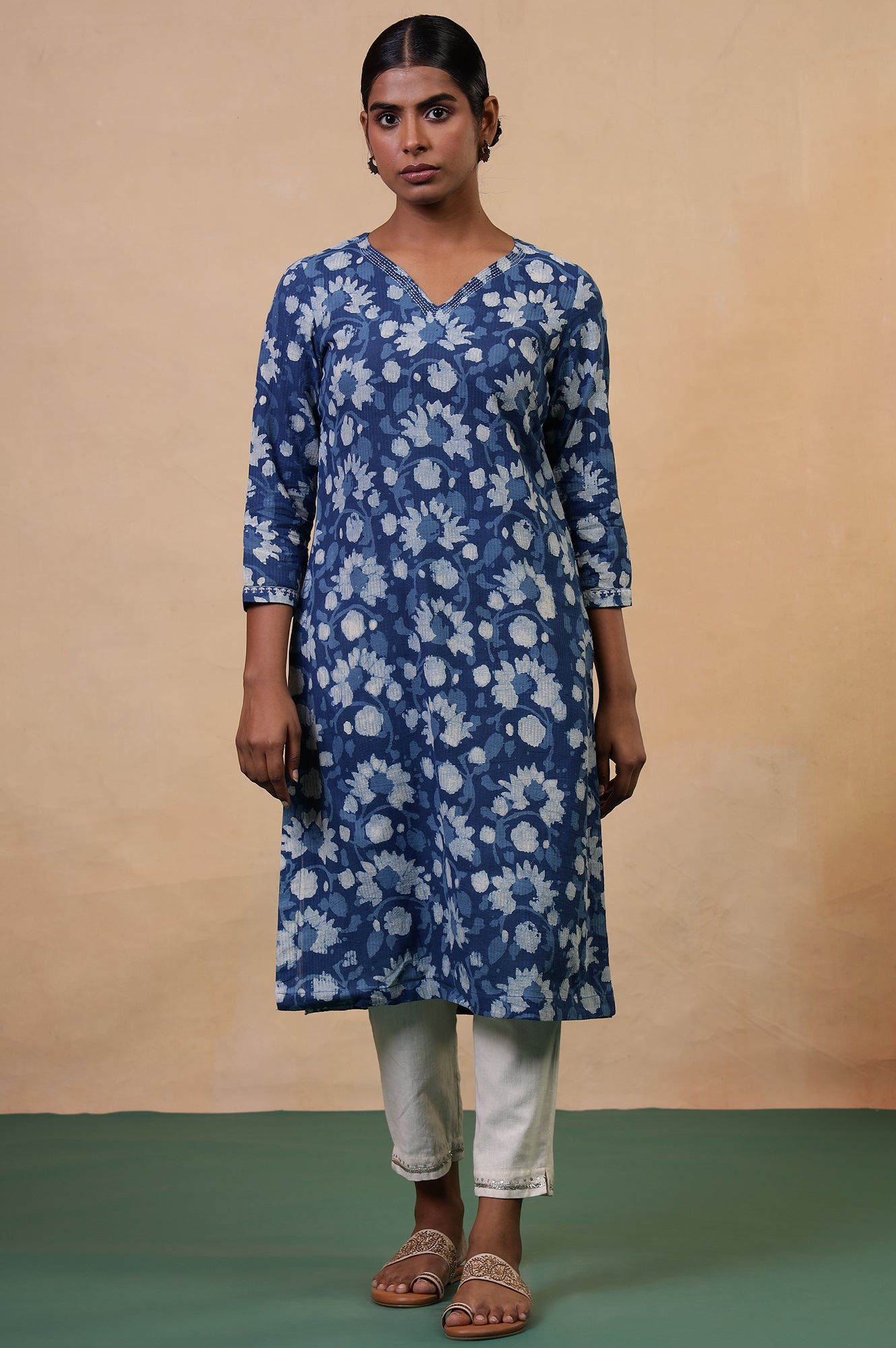 Folksong Indigo Floral Kantha Hand Block Printed Cotton Straight Kurta