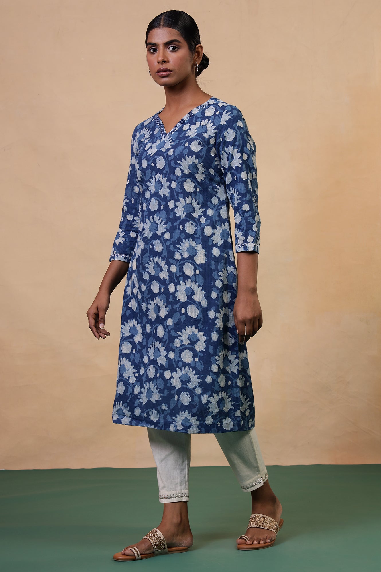 Folksong Indigo Floral Kantha Hand Block Printed Cotton Straight Kurta
