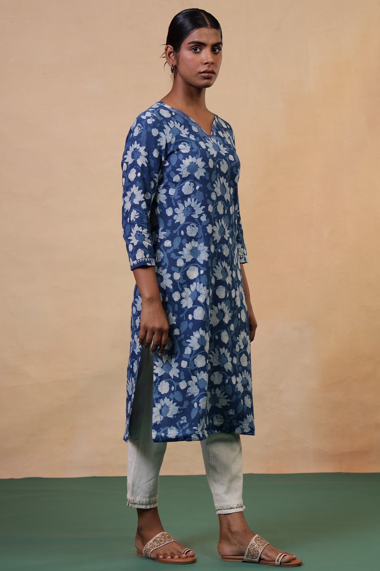 Folksong Indigo Floral Kantha Hand Block Printed Cotton Straight Kurta