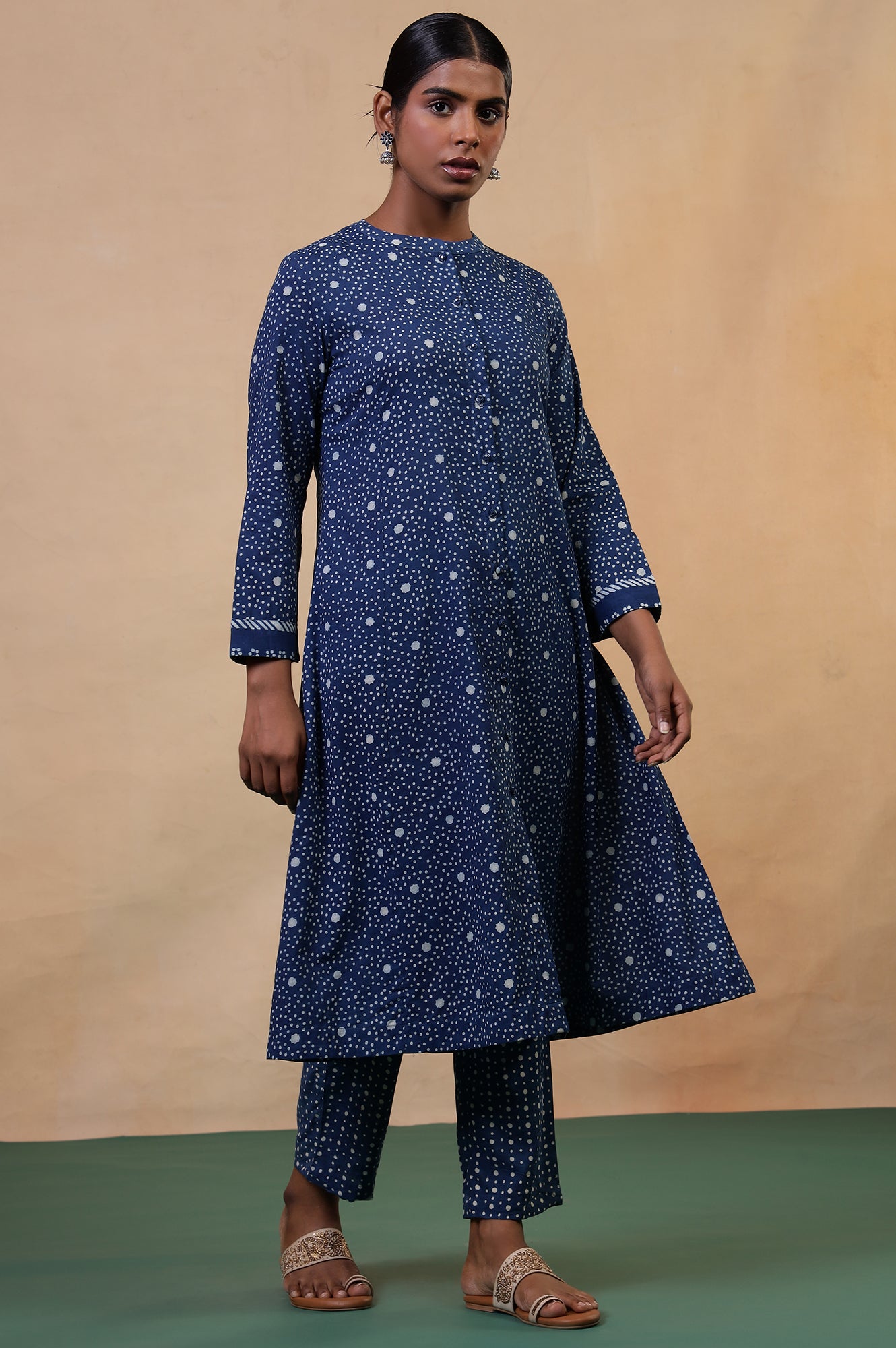 Folksong Indigo Cotton Regular Mirror Work Polka Dot Kurta