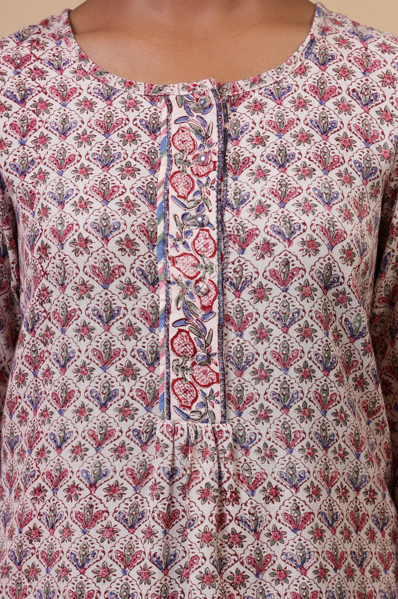 Folksong Ecru Viscose Blend Straight-Fit Floral Hand Block Printed Top