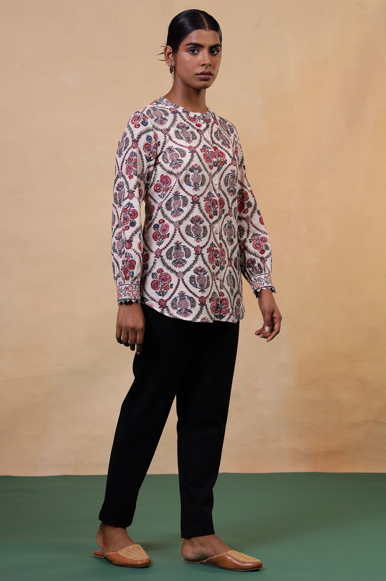 Folksong Ecru Floral Fabric Origami Hand Block Printed Cotton Tunic
