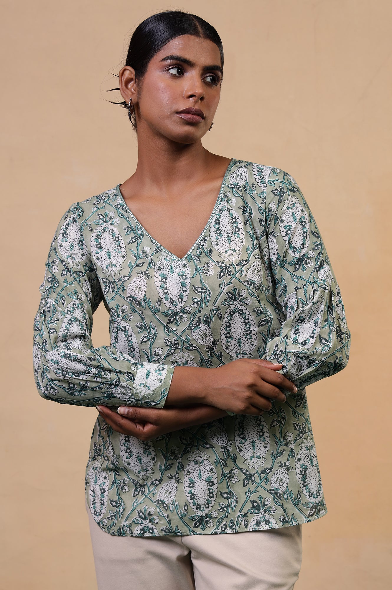 Folksong Tea Green Cotton Straight-Fit Floral Hand Block Printed Top