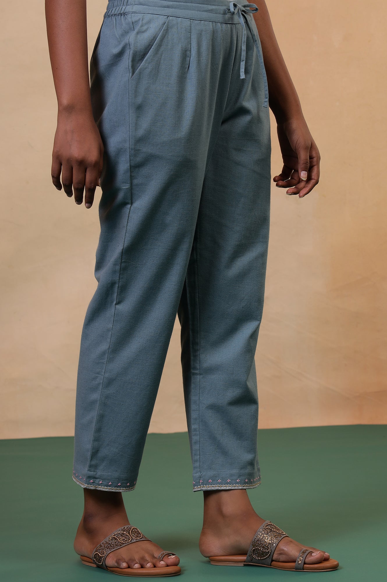 Folksong Stone Blue Solid Stone Embellished Cotton Blend Straight Pyjamas