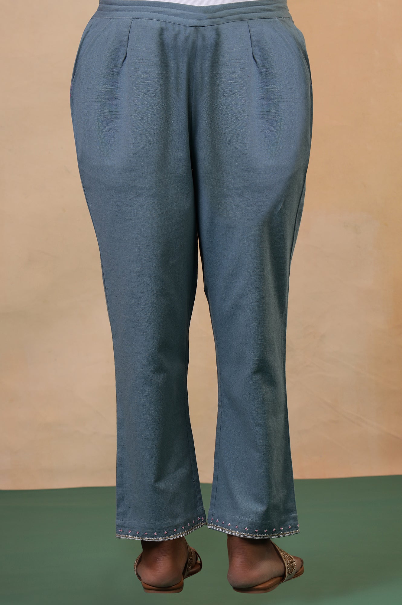 Folksong Stone Blue Solid Stone Embellished Cotton Blend Straight Pyjamas