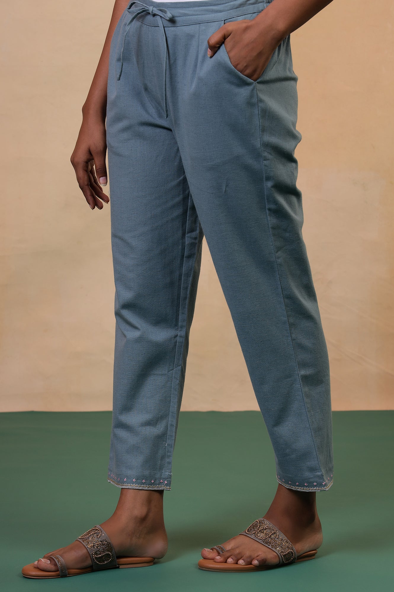 Folksong Stone Blue Solid Stone Embellished Cotton Blend Straight Pyjamas