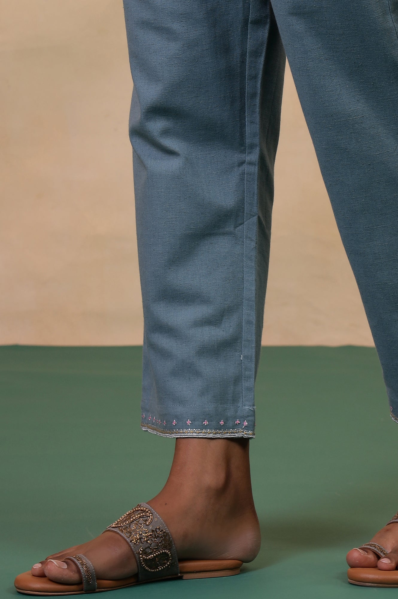 Folksong Stone Blue Solid Stone Embellished Cotton Blend Straight Pyjamas