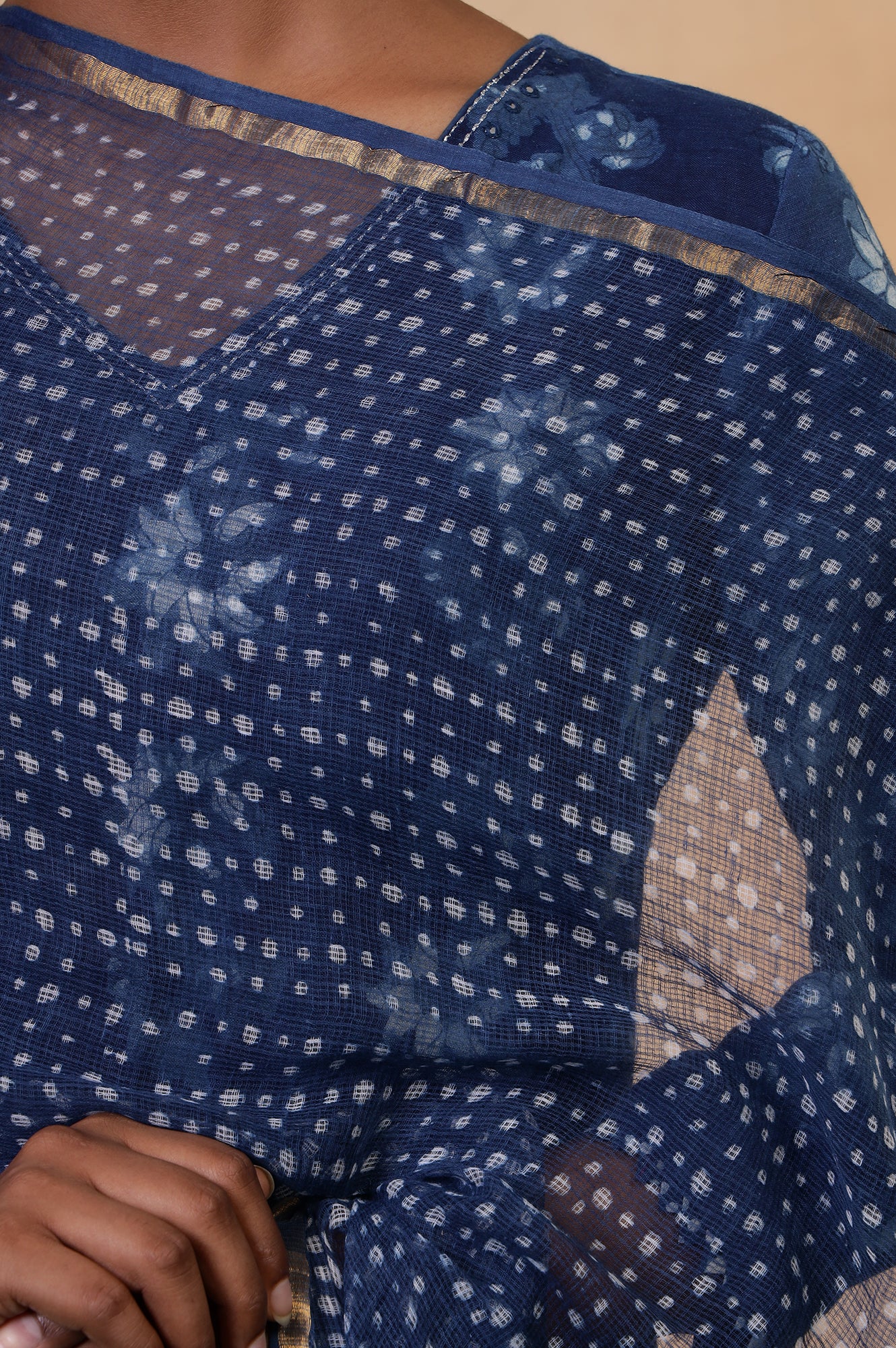 Indigo Cotton-Silk Hand Block Printed Polka Dot Dupatta