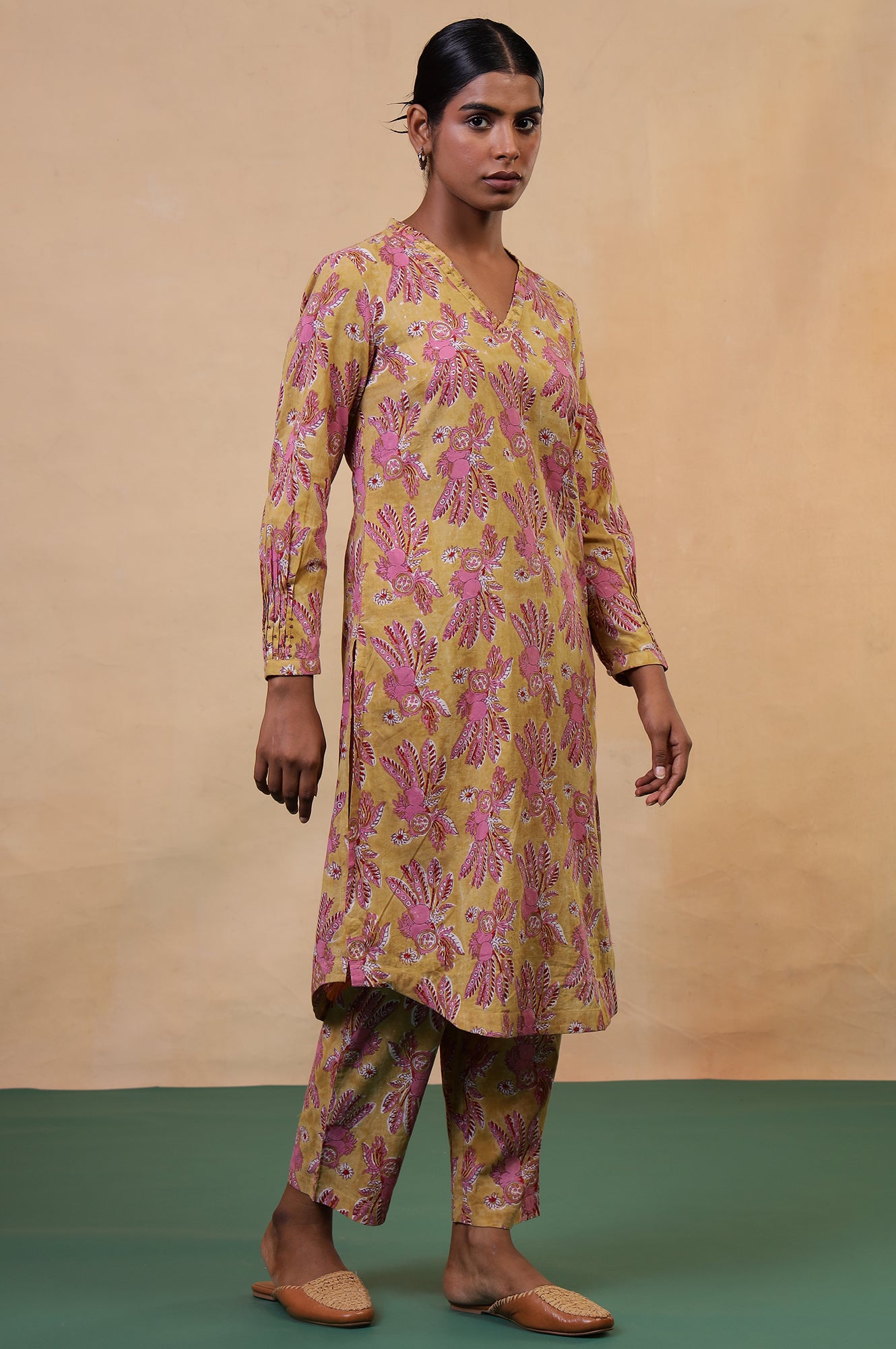 Apple Yellow Hand Block Printed Cotton Kurta and Pants Co-ord Set