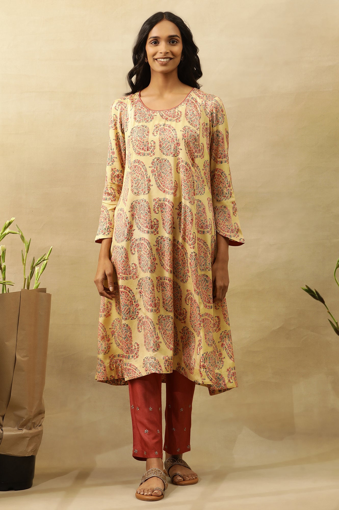 Yellow Hand Block Printed A-Line Kurta