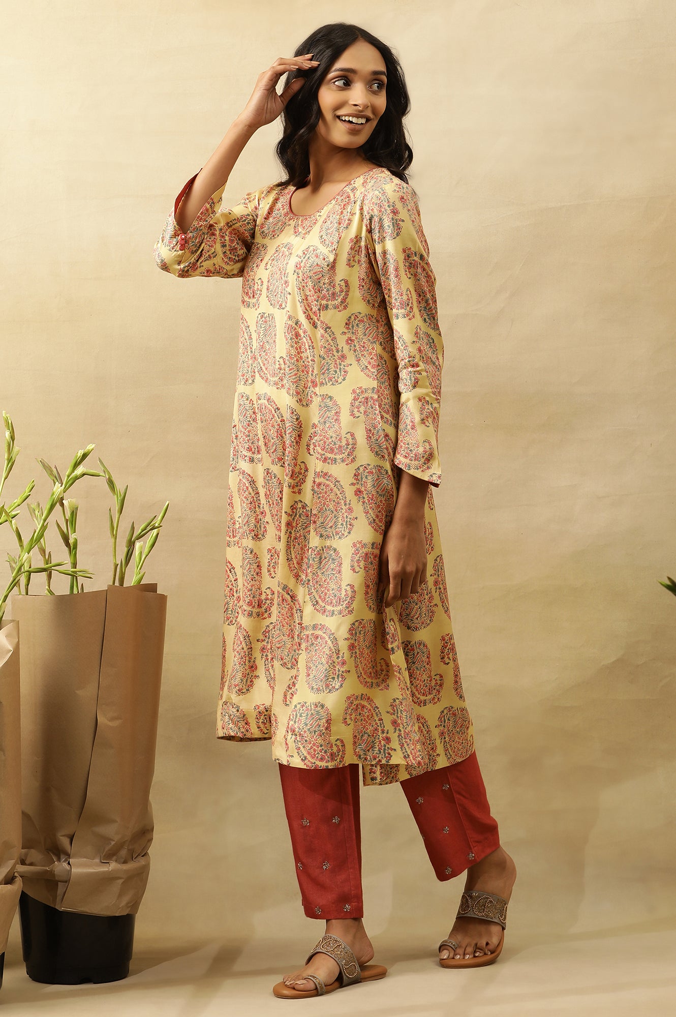Yellow Hand Block Printed A-Line Kurta