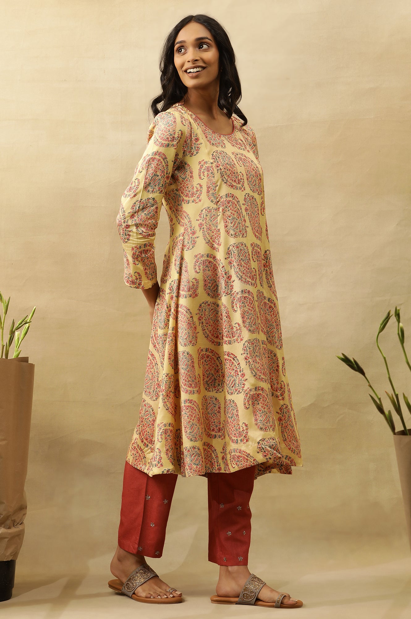 Yellow Hand Block Printed A-Line Kurta