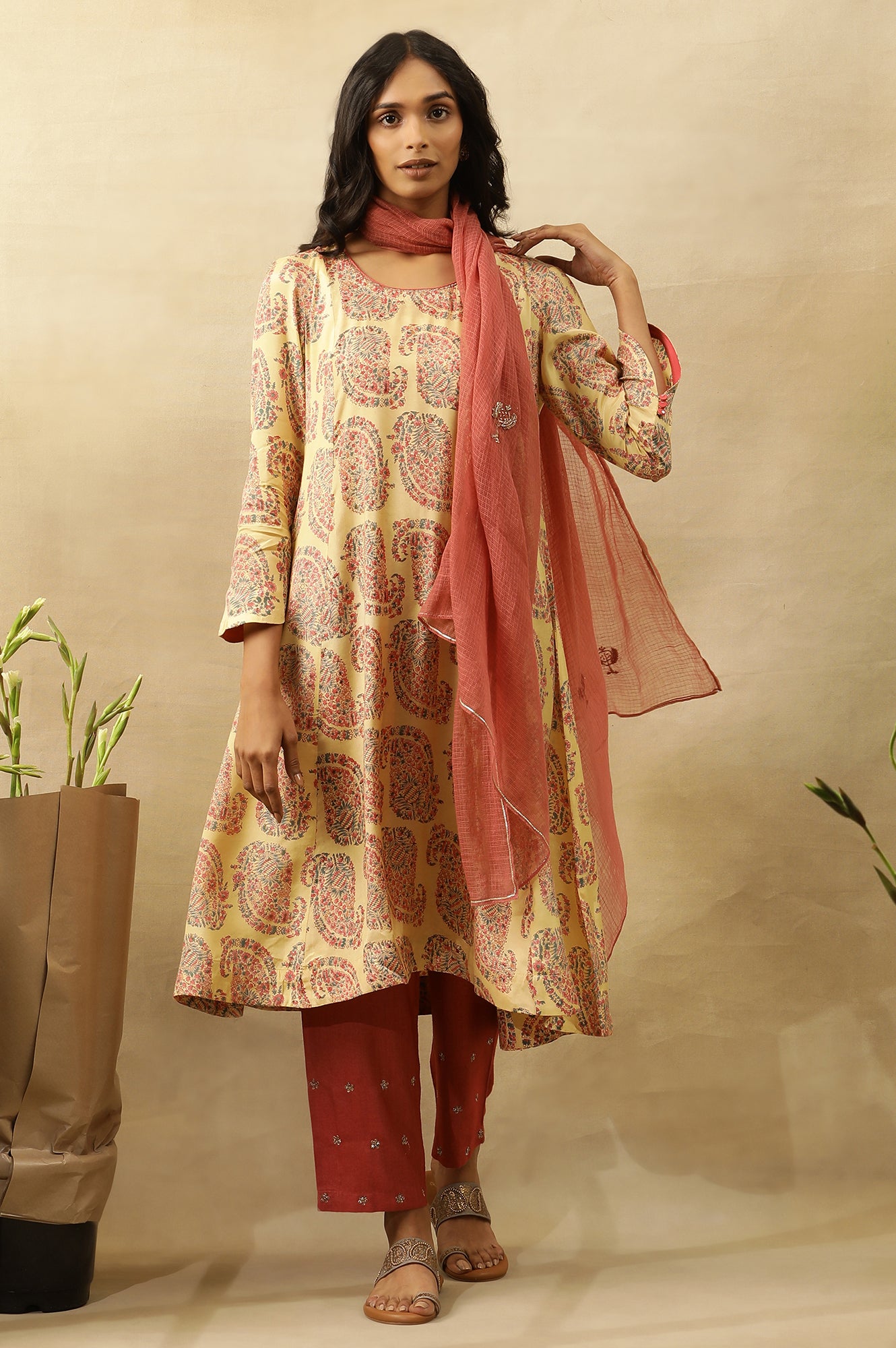 Yellow Hand Block Printed A-Line Kurta