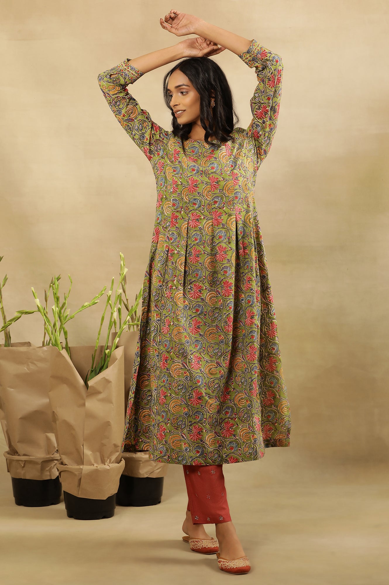 Green Multicolored Hand Block Print Pleated Kurta