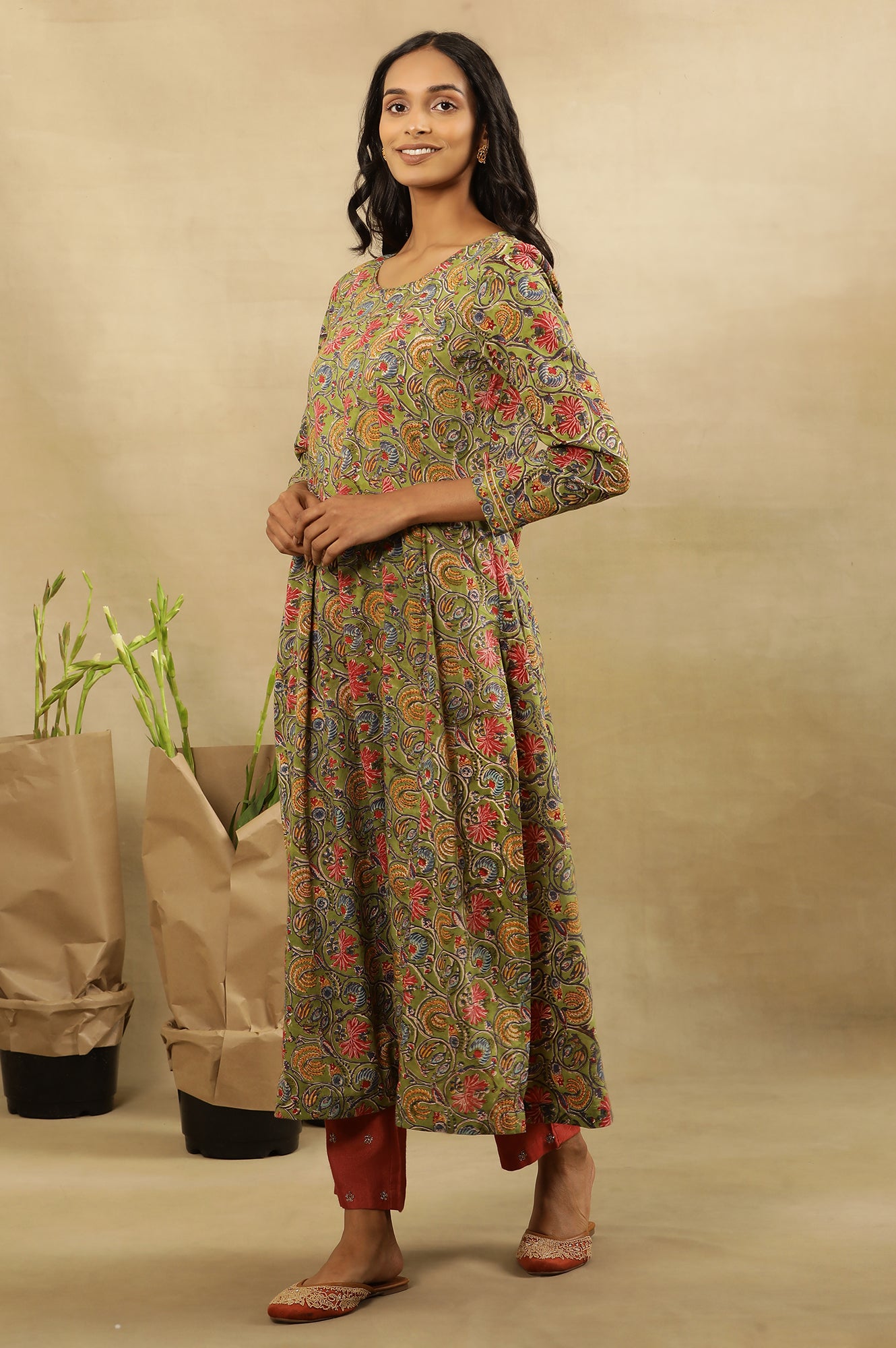 Green Multicolored Hand Block Print Pleated Kurta