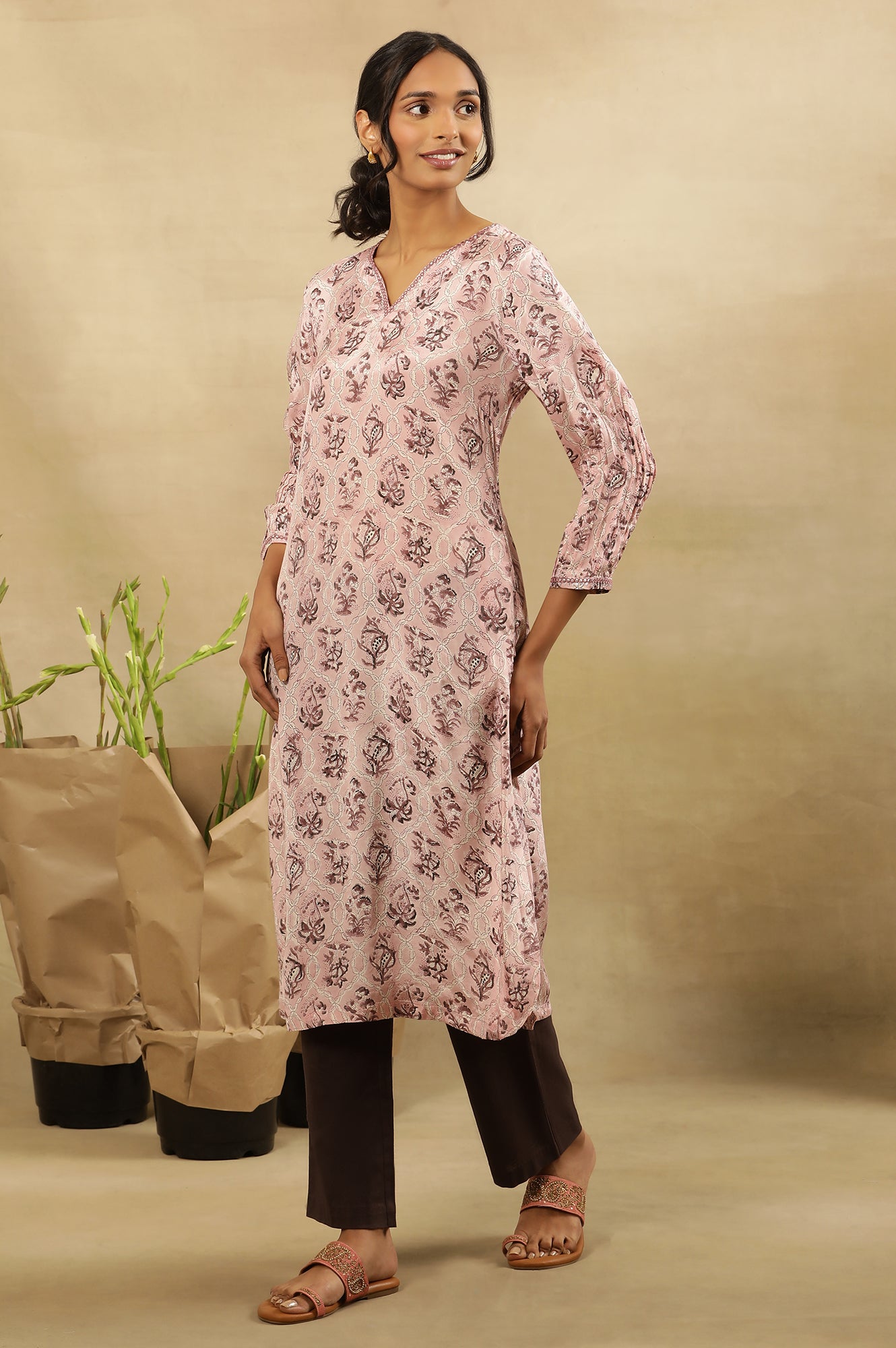 Pink Jaal Block Print Kurta With Pleated Sleeves