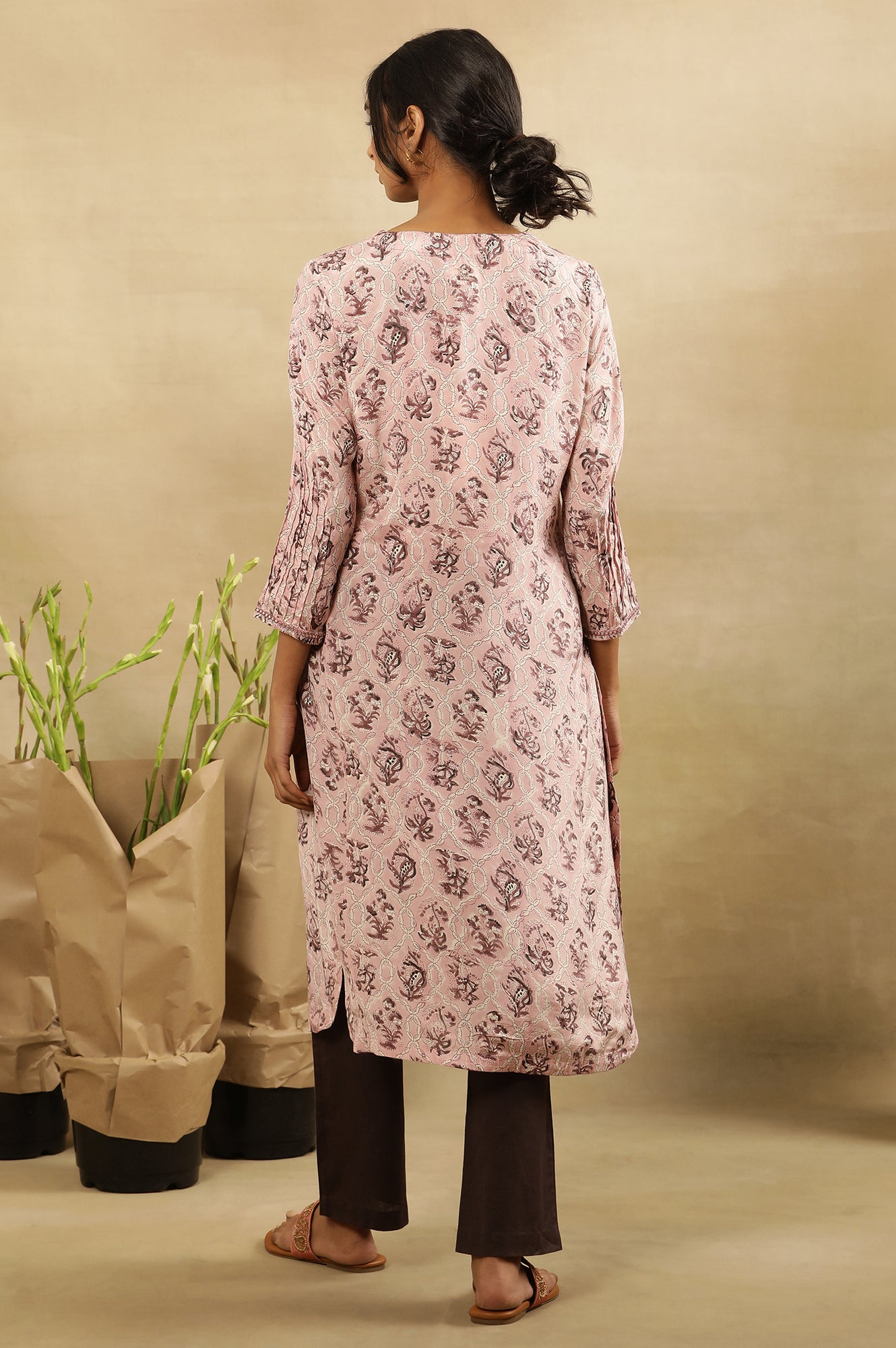Pink Jaal Block Print Kurta With Pleated Sleeves