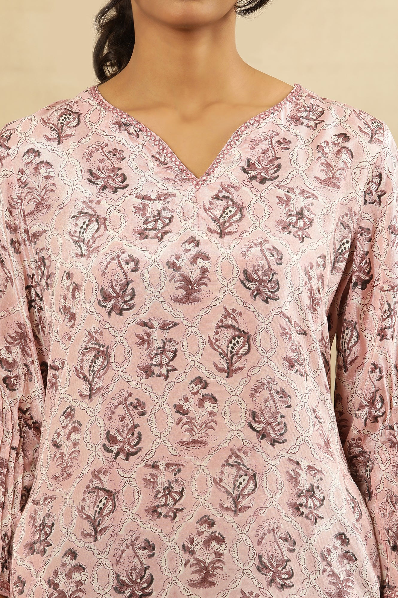 Pink Jaal Block Print Kurta With Pleated Sleeves