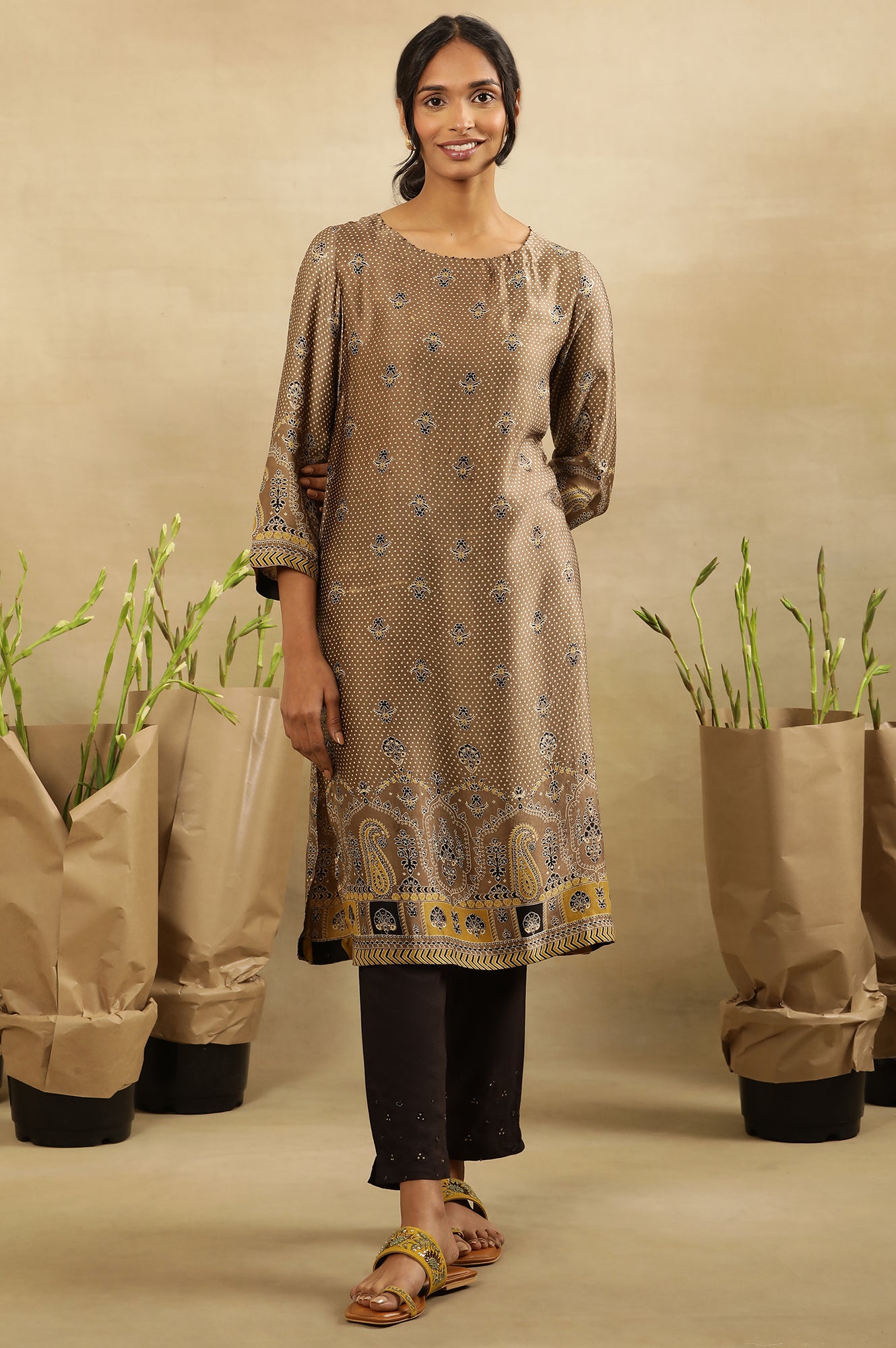 Brown All Over Booti Printed Kurta In Lustrous Satin