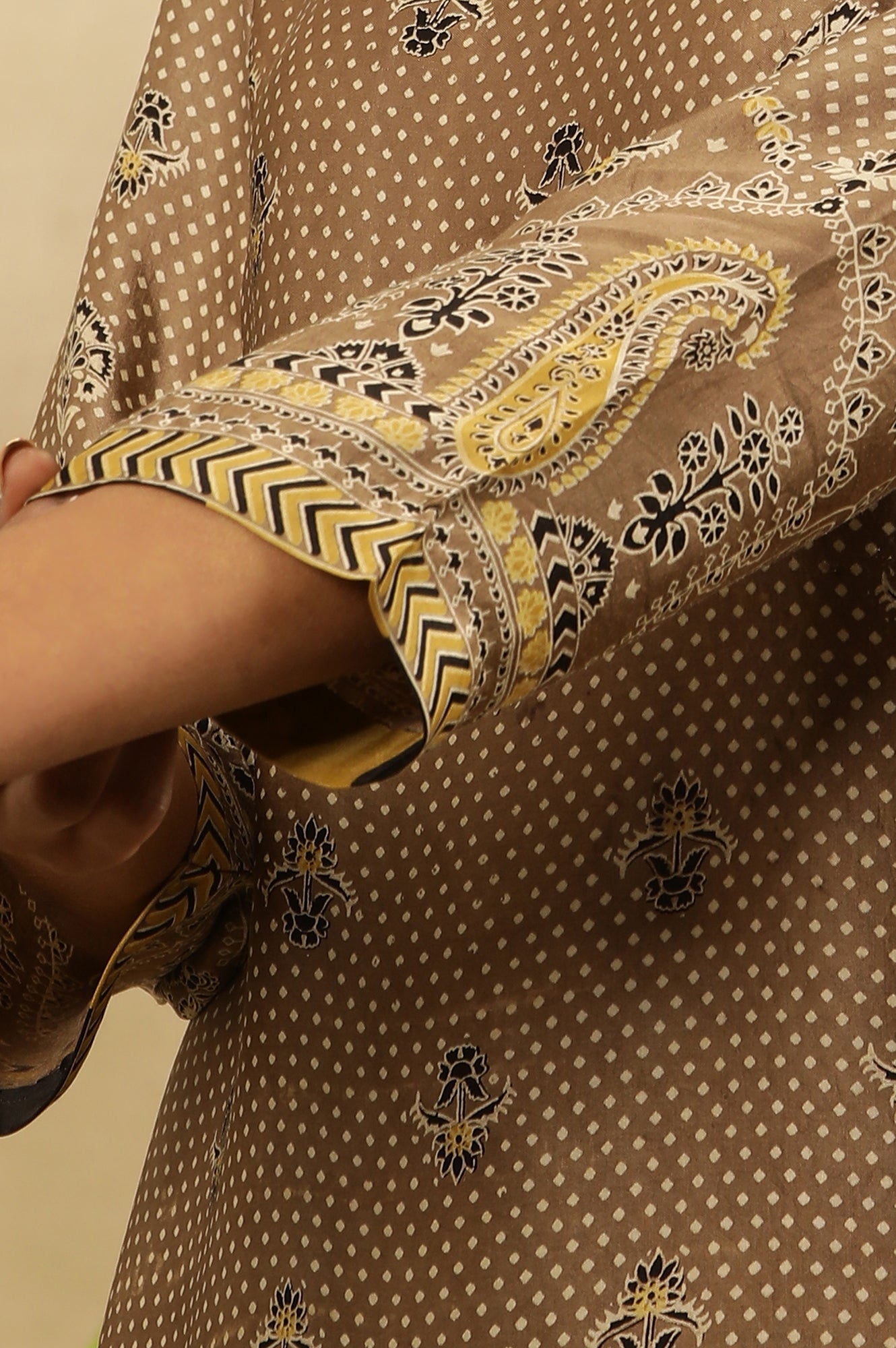 Brown All Over Booti Printed Kurta In Lustrous Satin