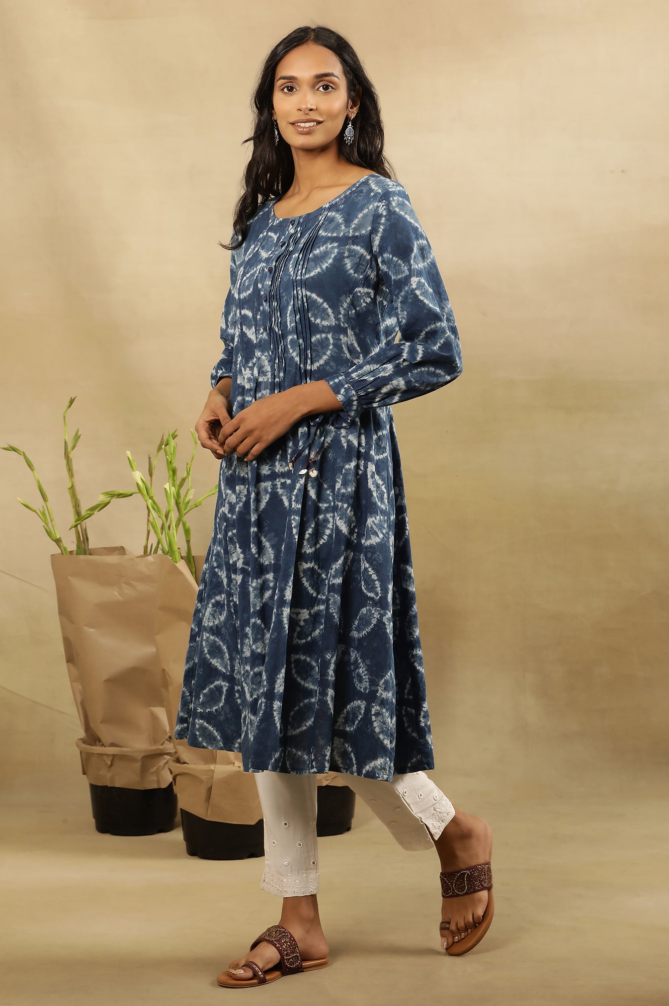 Indigo Shibori Pleated Flared Dress In Cotton Voile