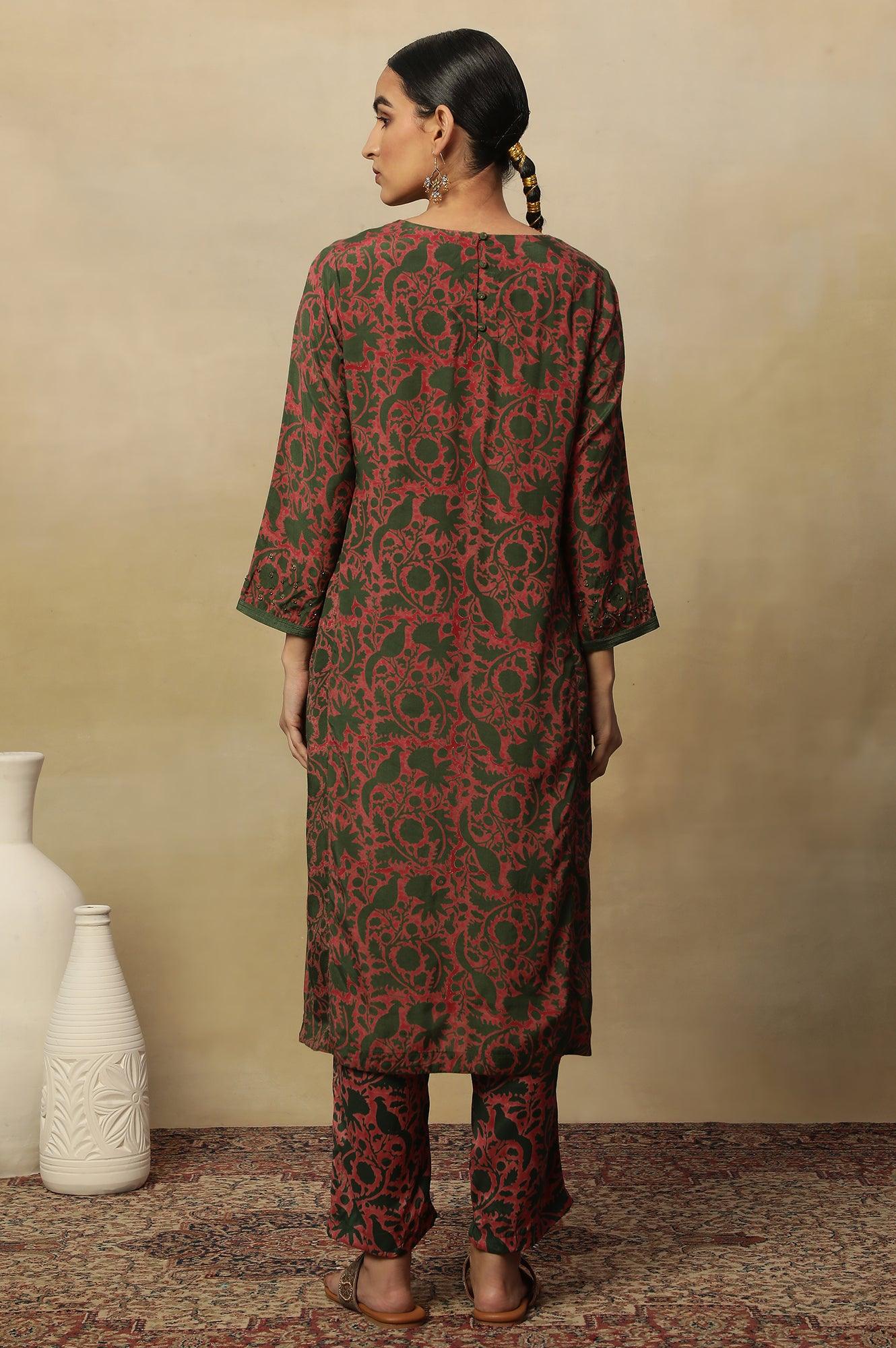 Pink Bicolor Block Printed Round Neck Kurta - wforwoman