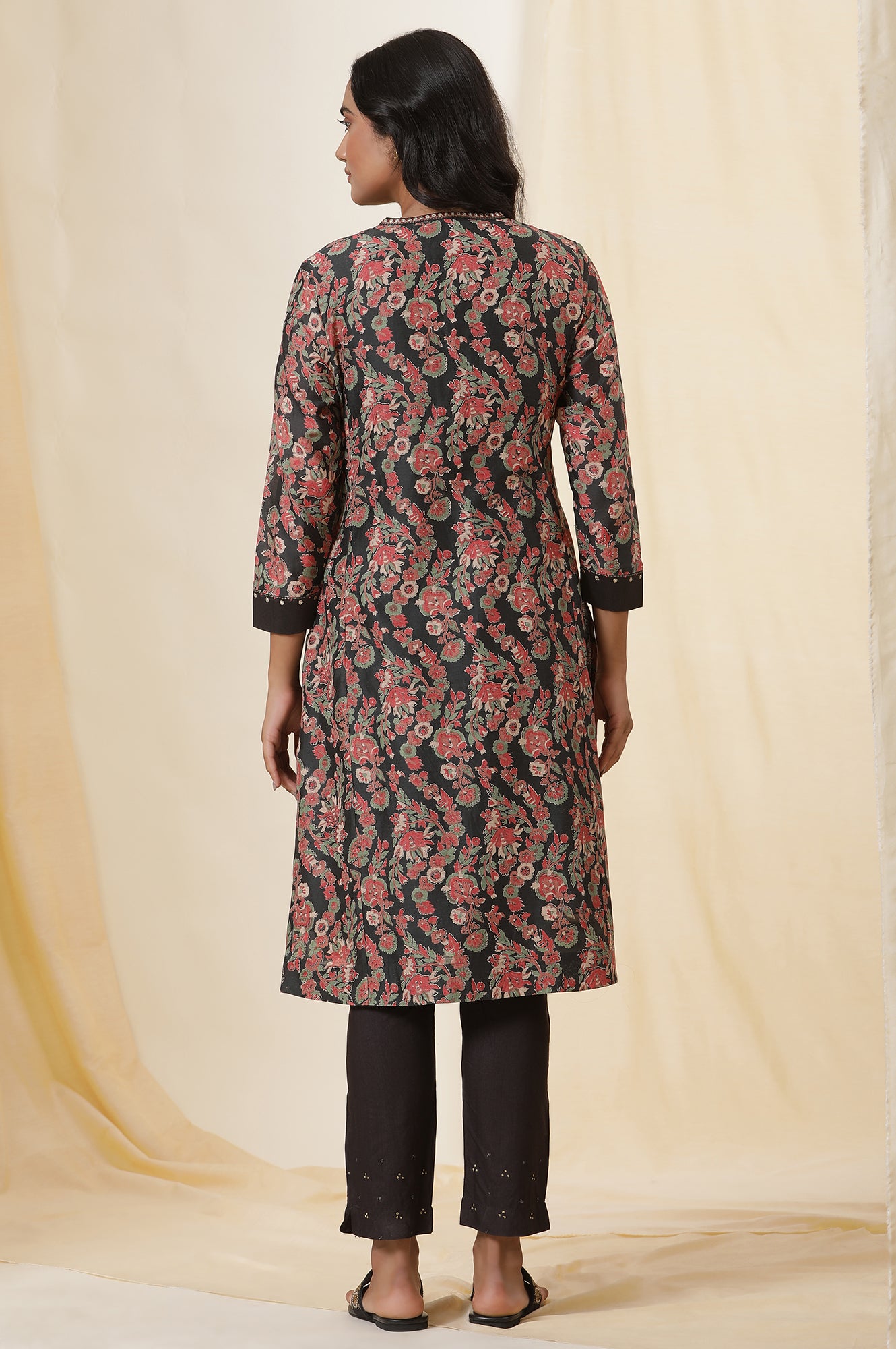 Black Shiny Chanderi Kurta In Multicoloured Block Print