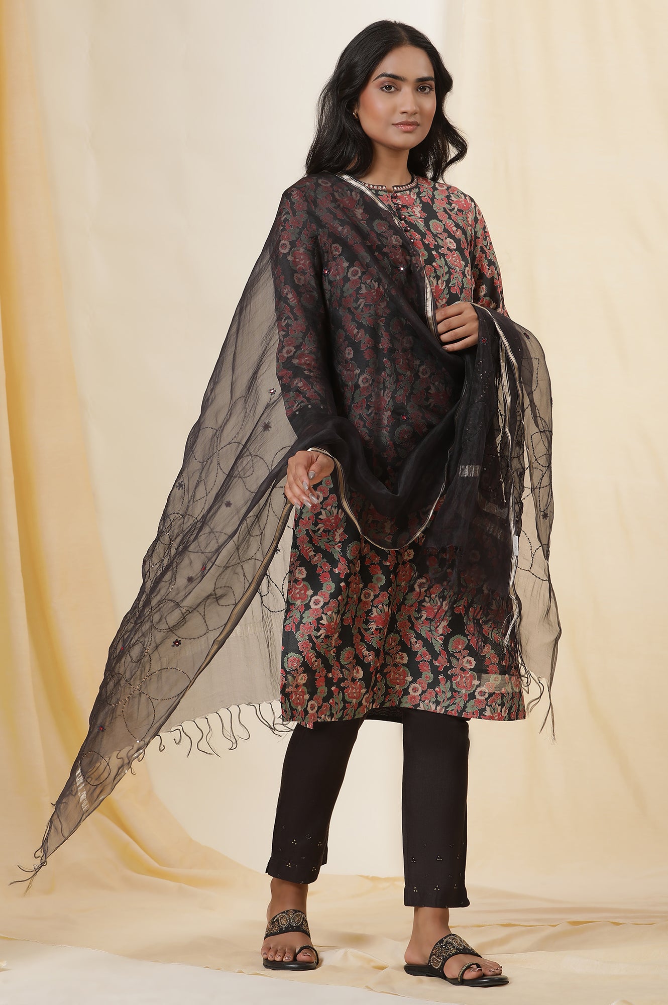 Black Shiny Chanderi Kurta In Multicoloured Block Print