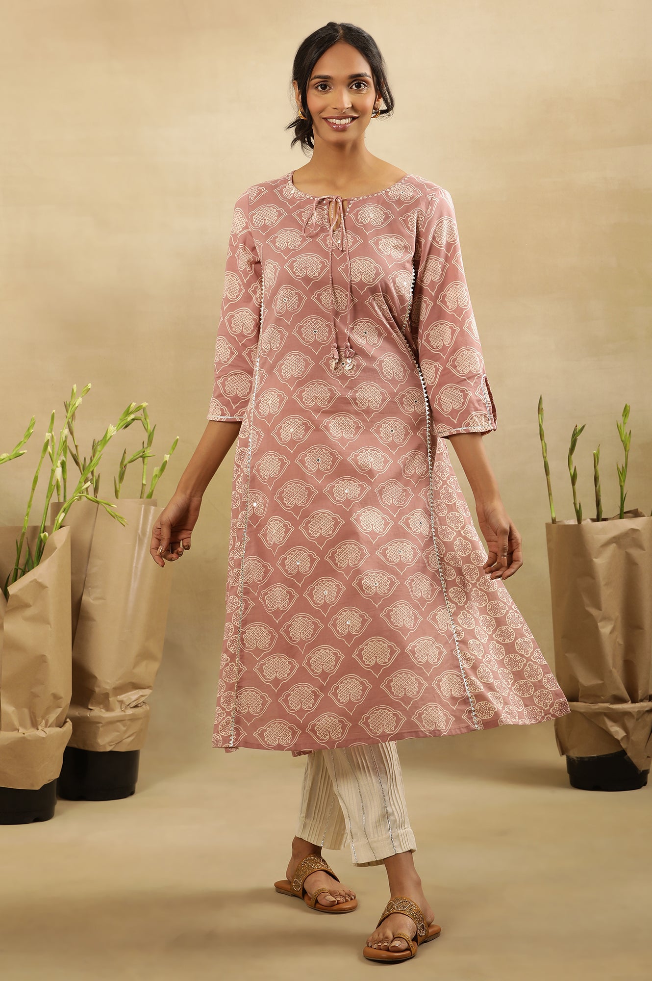Nectar Pink Block Printed Kurta With Neck Tie-Up