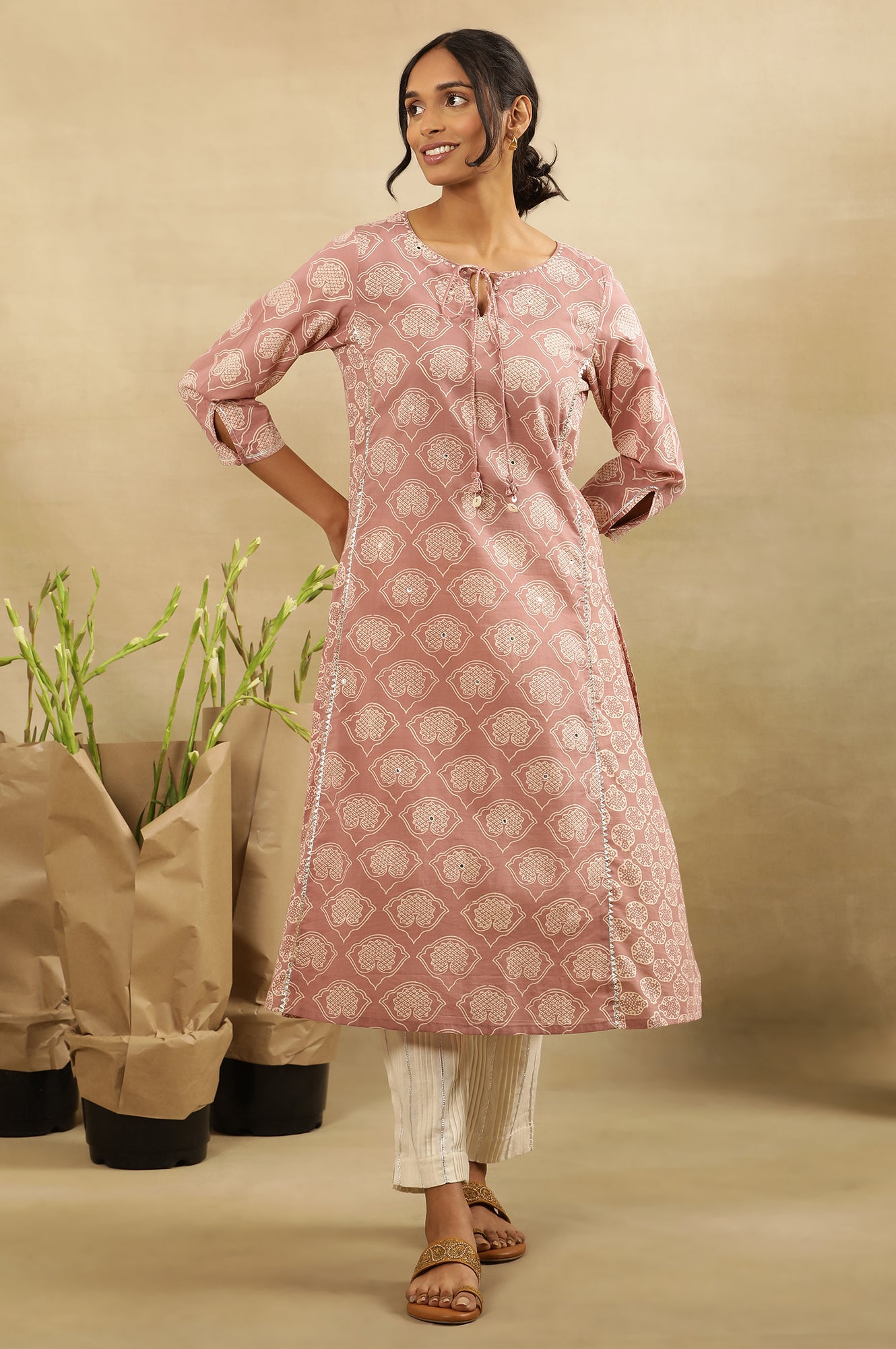 Nectar Pink Block Printed Kurta With Neck Tie-Up