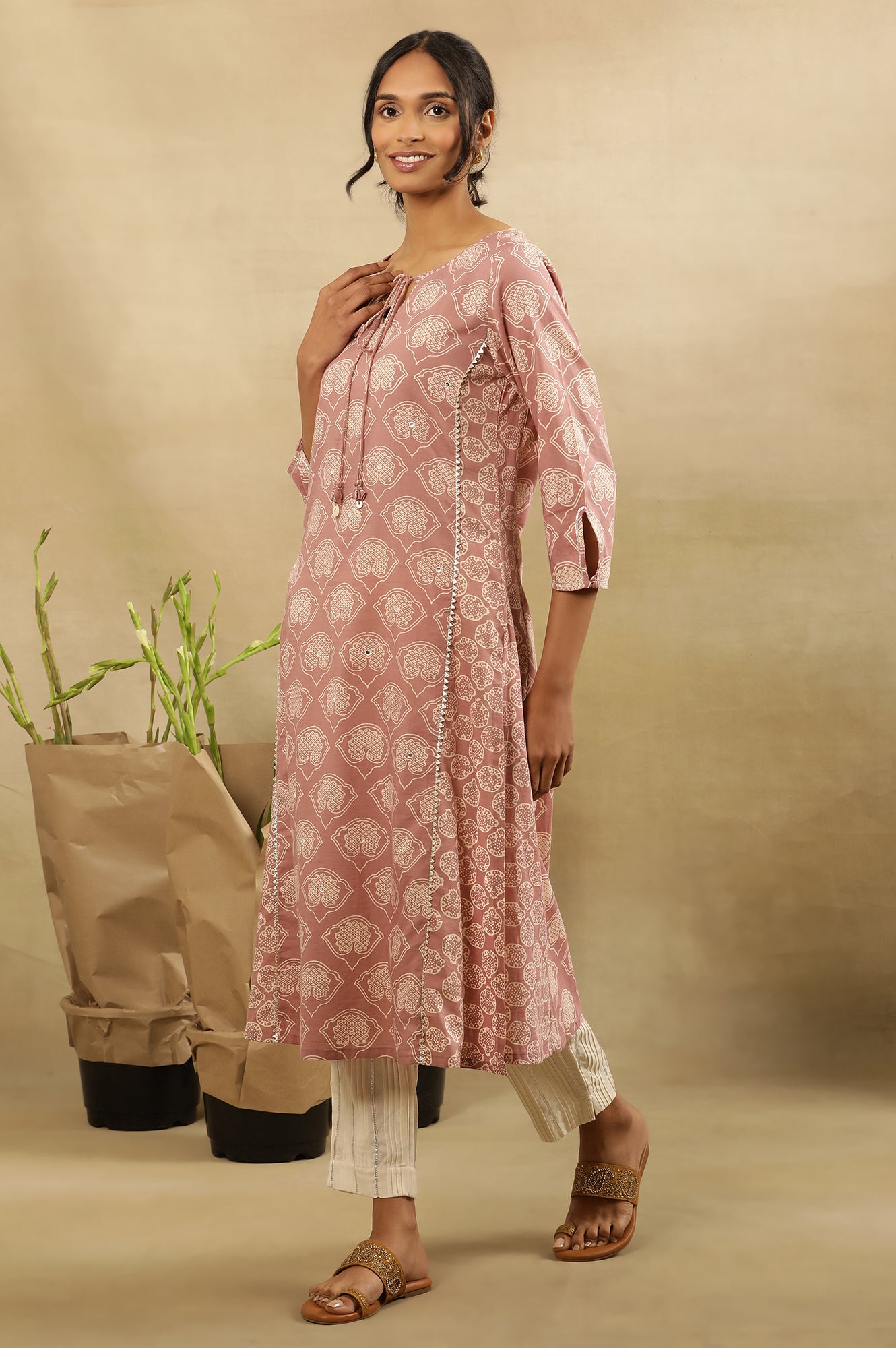 Nectar Pink Block Printed Kurta With Neck Tie-Up