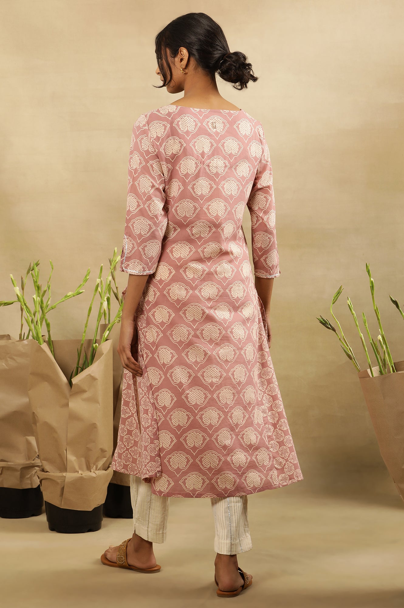 Nectar Pink Block Printed Kurta With Neck Tie-Up
