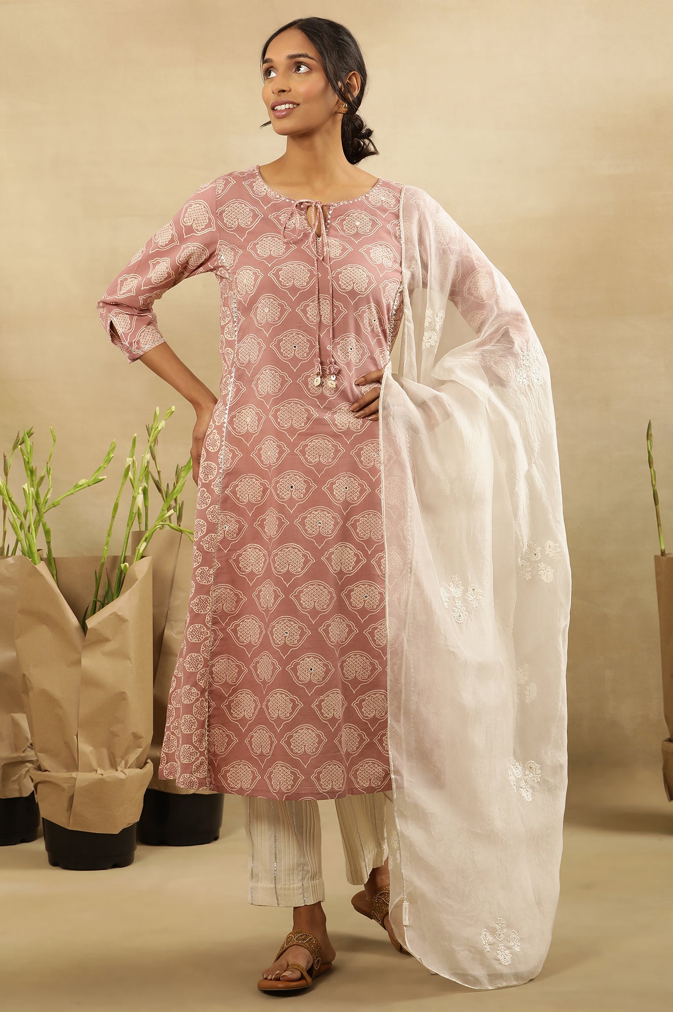 Nectar Pink Block Printed Kurta With Neck Tie-Up