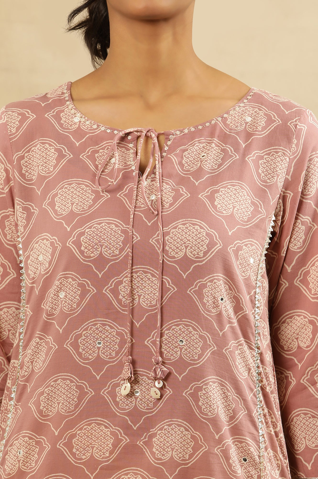 Nectar Pink Block Printed Kurta With Neck Tie-Up