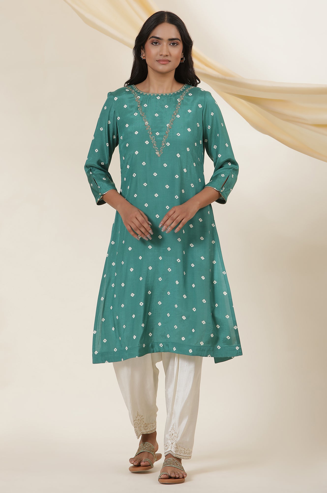 Emerald Green Bandhej Print Embroidered Kurta